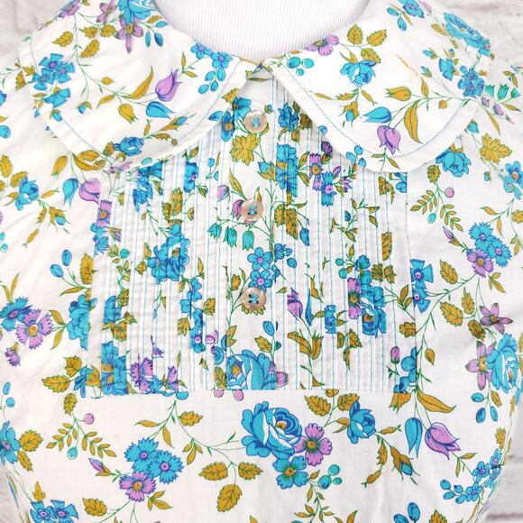 Vintage 1970s Sheath Dress Blue Floral Peterpan Collar Shirred Neckline Fits XS - Picture 3 of 13